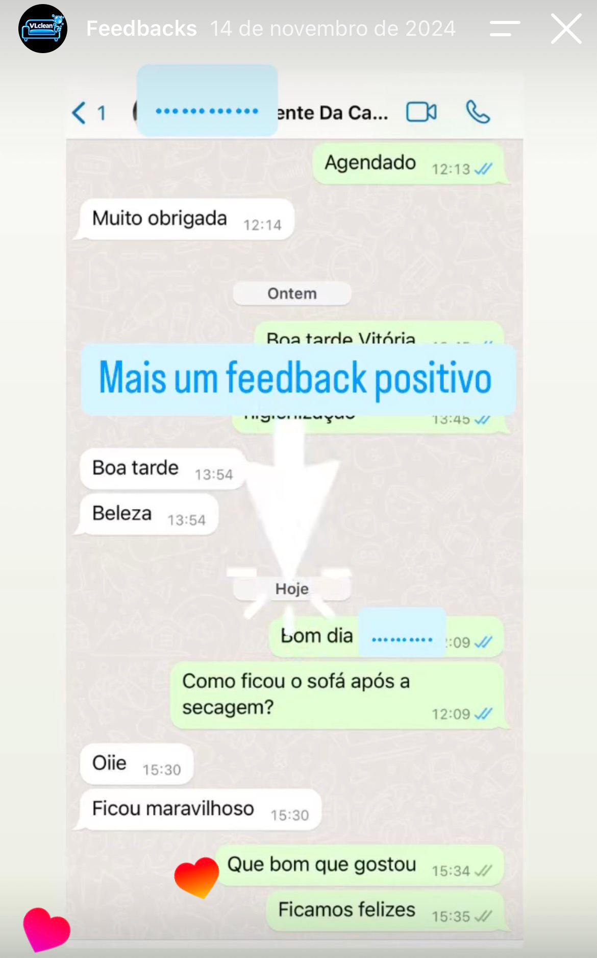 Feedback Vitória cliente VLclean - Toque para ler