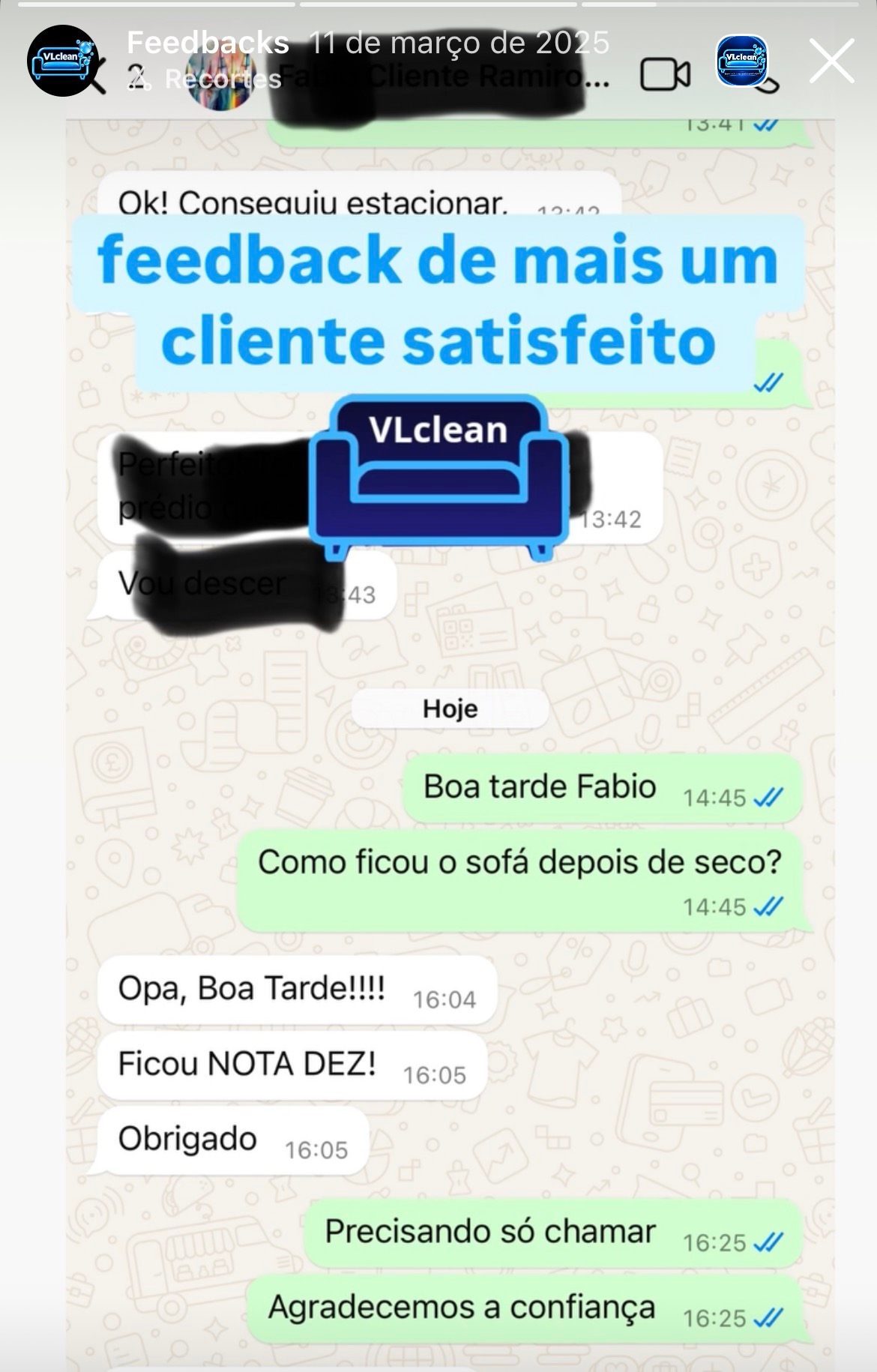 Feedback Fabio cliente VLclean - Toque para ler